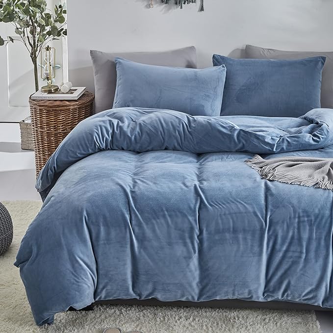 Wellboo Blue Velvet Comforters King Size Women Men Solid Lake Blue Fluffy Bedding Cotton Modern Plain Haze Blue Flannel Quilts Warm Winter Micromink Sherpa Blankets Aesthetic Plush Luxury Dorm Bed - LeafyLoom