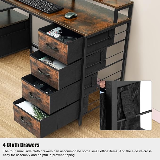 TOPSKY Compact Computer Desk with Storage Shelf/Cloth File Drawer for Letter Size/Monitor Stand Study Table for Home Office (Rustic Brown, 61.6 inch) - LeafyLoom