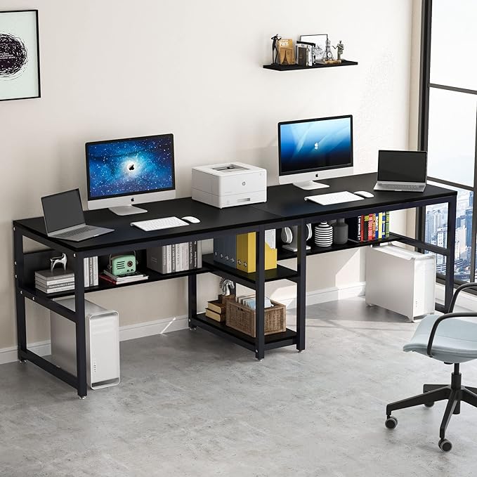 Tribesigns Two Person Desk with Bookshelf, 78.7 Computer Office Double Desk for Two Person, Rustic Writing Desk Workstation with Shelf for Home Office (Black) - LeafyLoom