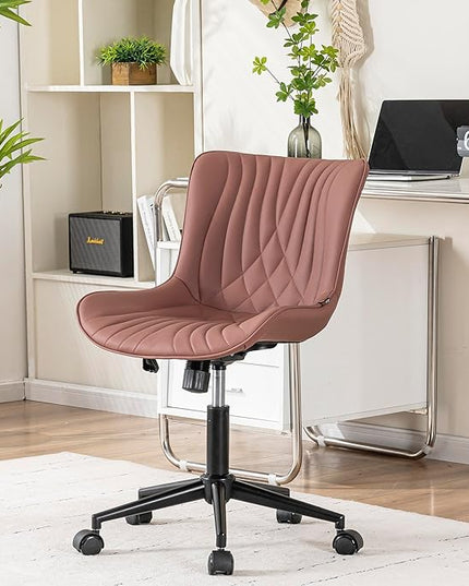 YOUNIKE Office Chair, Armless Desk Chair with Wheels, Home Office Computer Task Chairs, Modern Faux Leather Upholstered Vanity Chair, Adjustable Swivel Rocking Chair with Back, Dusty Rose - LeafyLoom
