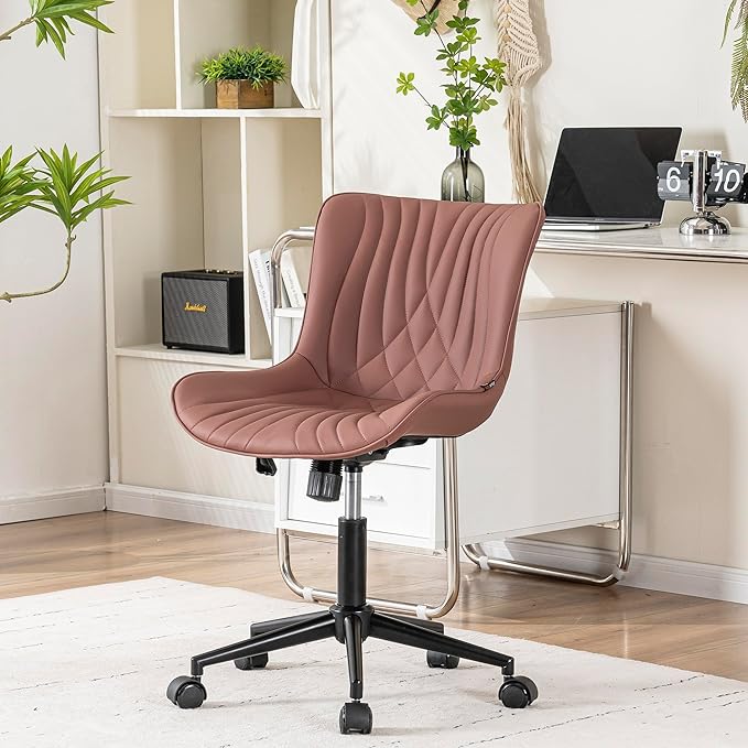 YOUNIKE Office Chair, Armless Desk Chair with Wheels, Home Office Computer Task Chairs, Modern Faux Leather Upholstered Vanity Chair, Adjustable Swivel Rocking Chair with Back, Dusty Rose - LeafyLoom