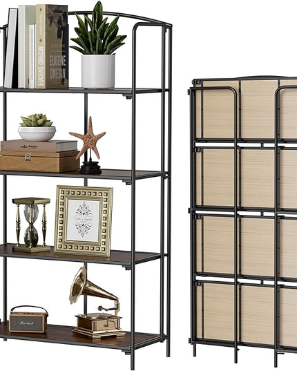 No Assembly Folding Bookshelf, 4 Tier Black Bookshelf, Metal Book Shelf for Storage, Folding Bookcase for Office Organization and Storage, 12.87" D x 30.9" W x 55.71" H - LeafyLoom