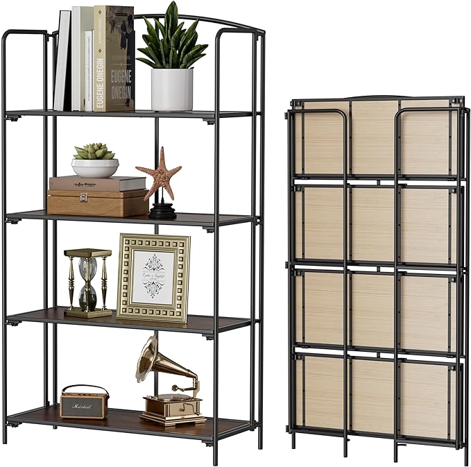 No Assembly Folding Bookshelf, 4 Tier Black Bookshelf, Metal Book Shelf for Storage, Folding Bookcase for Office Organization and Storage, 12.87" D x 30.9" W x 55.71" H - LeafyLoom