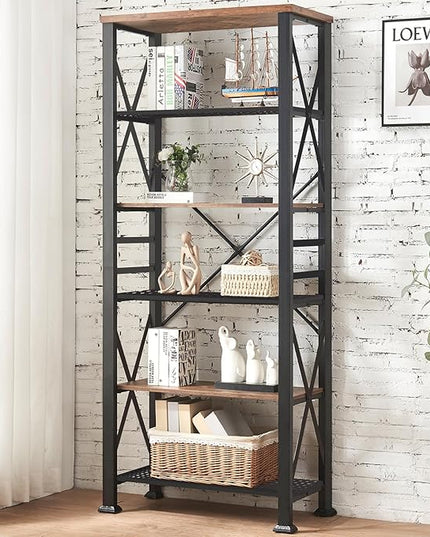 HOMBAZAAR Bookshelf, 6-Tier Industrial Bookshelf, Etagere Bookcases and Bookshelves, Tall Bookshelf Storage Organizer, Freestanding Bookshelf for Living Room, Bedroom and Home Office, Brown - LeafyLoom