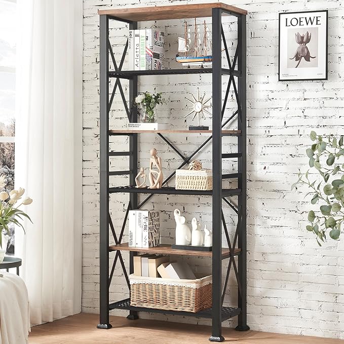 HOMBAZAAR Bookshelf, 6-Tier Industrial Bookshelf, Etagere Bookcases and Bookshelves, Tall Bookshelf Storage Organizer, Freestanding Bookshelf for Living Room, Bedroom and Home Office, Brown - LeafyLoom