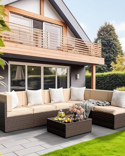 Pamapic 7 Piece Modular Outdoor Sectional, UV Protection Rattan Patio Sectional with Coffee Table, Adjustable Outdoor Couch with Removable Waterproof Cushions Covers(Brown Sugar) - LeafyLoom
