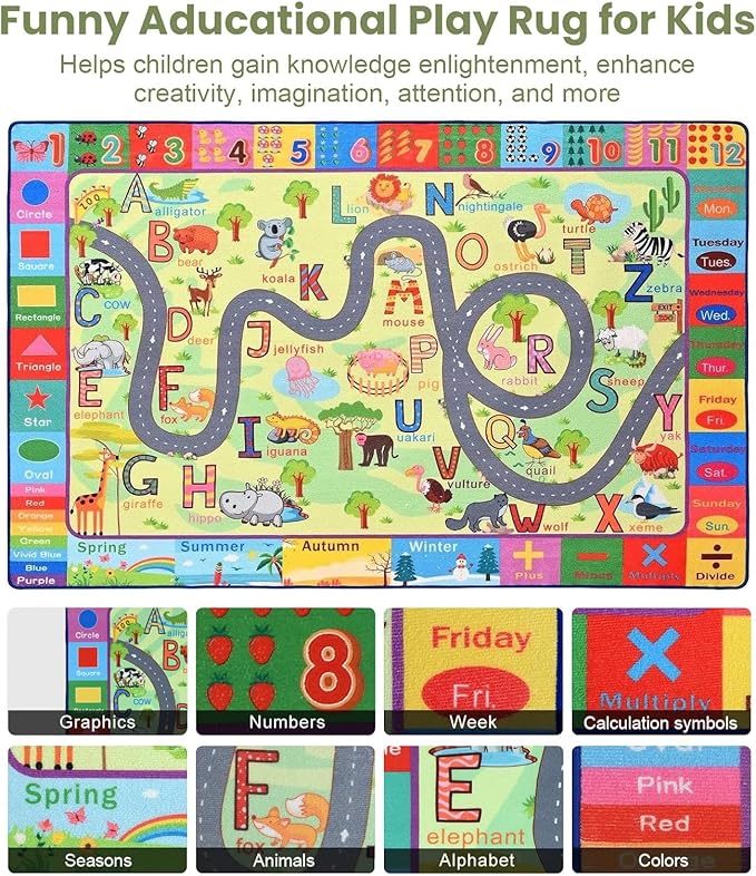 Terrug Kids Rugs for Playroom, Educational Classroom Rug for Kids Room, Washable Nursery Rug Carpet Non Slip Playroom Rug Play Mat for Learning ABC Rug, Numbers, Animal, Colors, Season, 3X5 Feet - LeafyLoom