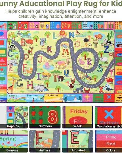 Terrug Kids Rugs for Playroom, Educational Classroom Rug for Kids Room, Washable Nursery Rug Carpet Non Slip Playroom Rug Play Mat for Learning ABC Rug, Numbers, Animal, Colors, Season, 4X6 Feet - LeafyLoom