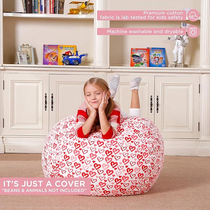 Aubliss Stuffed Animal Bean Bag Storage Chair, Beanbag Covers Only for Organizing Plush Toys, Turns into Bean Bag Seat for Kids When Filled, Medium 32"-Canvas Pattern Heart - LeafyLoom