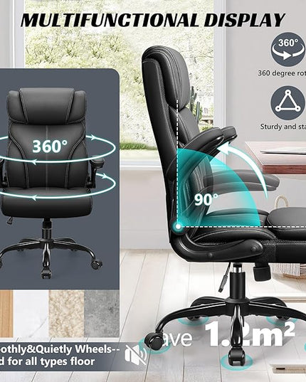 Office Chair, Ergonomic Big and Tall Computer Desk Chairs, Executive Breathable Leather Chair with Adjustable High Back Flip-up Armrests, Lumbar Support Swivel PC Chair with Rocking Function - LeafyLoom