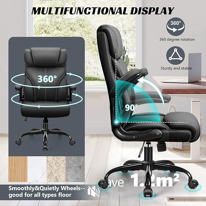 Office Chair, Ergonomic Big and Tall Computer Desk Chairs, Executive Breathable Leather Chair with Adjustable High Back Flip-up Armrests, Lumbar Support Swivel PC Chair with Rocking Function - LeafyLoom
