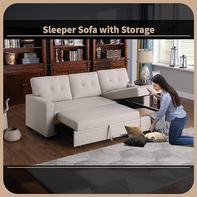 4-in-1 Modular Sofa Bed Convertible Living Room Furniture Sets Upholstered, L Shaped Sectional Comfy Couch with Reversible Storage Chaise for Apartment, Studio, Office, Beige-2 - LeafyLoom
