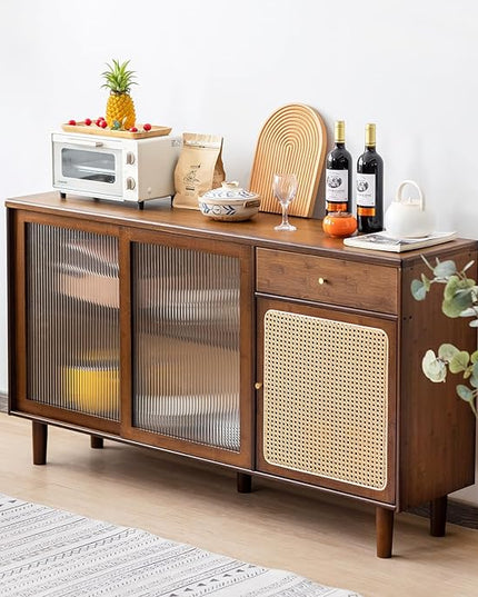 Tiita Bamboo Sideboard Buffet Cabinet, Rattan Kitchen Storage Cabinet with Drawer, Boho Coffee Bar Tables for Kitchen Living Room Hallway Office, Walnut - LeafyLoom