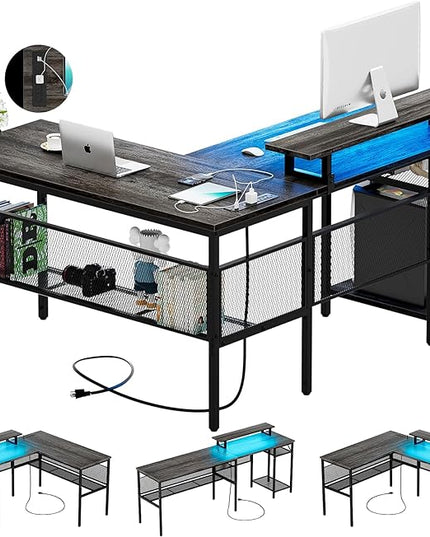 L Shaped Computer Desk with Magic Power Outlets and Smart LED Light, Reversible Office Corner Desk with Ergonomic Monitor Stand, Large Gaming Table with Storage, Sleek Grid Design, Black Oak - LeafyLoom