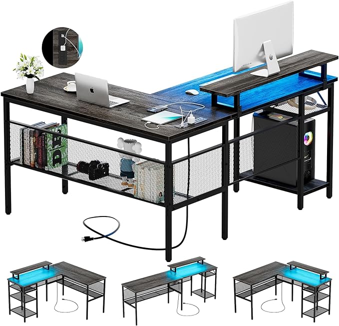 L Shaped Computer Desk with Magic Power Outlets and Smart LED Light, Reversible Office Corner Desk with Ergonomic Monitor Stand, Large Gaming Table with Storage, Sleek Grid Design, Black Oak - LeafyLoom