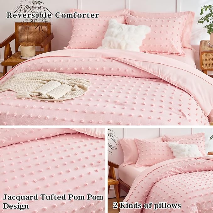 7 Pieces Tufted Dots Bed in a Bag Queen Comforter Set Girls Pink , Soft and Embroidery Shabby Chic Boho Comforters, Luxury Solid Color with Pom Pom Design, Jacquard Tufts Bedding Set for All Season - LeafyLoom