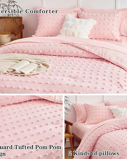 6 Pieces Tufted Dots Bed in a Bag Twin Comforter Set Girls Pink , Soft and Embroidery Shabby Chic Boho Bohemian Comforters, Luxury Solid Color with Pom Pom Design, Jacquard Tufts Bedding Set for Kids - LeafyLoom