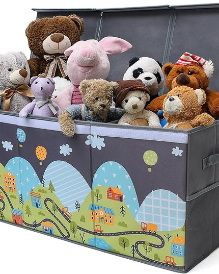 Extra Large Toy Storage Organizer with Lid - Sturdy, Collapsible Toy Chest Storage Box with Cute Design - Toys Bin with Dividers for Kids, Boys, Girls, Nursery, Bedroom, Play room 37"x16"x14" - LeafyLoom