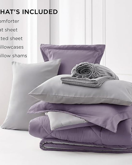 Bedsure Grayish Purple Full Size Comforter Set - 7 Pieces Reversible Full Bed in a Bag, Full Bed Set Grayish Purple and Grey with Comforters, Sheets, Pillowcases & Shams - LeafyLoom
