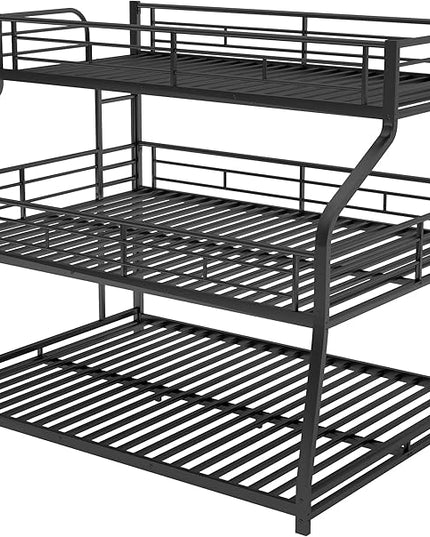 Twin XL/Full XL/Queen Triple Bunk Bed with Long and Short Ladder and Full-Length Guardrails,Metal Bed-Frame for Bedroom/Living Room/Apartment,Guest-Room,Black - LeafyLoom