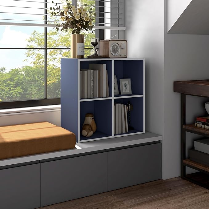 Apexa 4 Cube Storage Organizer Shelves, Stackable Wood Bookcase Fits Cubby Bins for Organization, Dorm Teen Room Decor & Home Office, Steel Blue - LeafyLoom