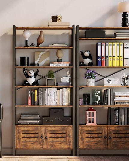 IRONCK Bookshelf and Bookcase with Adjustable 5 Shelves, 70" H x 31.5" W Wide Bookshelves with Door and Wheels, Vintage Brown - LeafyLoom