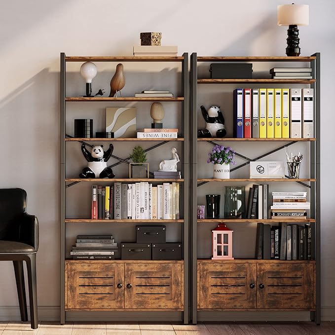 IRONCK Bookshelf and Bookcase with Adjustable 5 Shelves, 70" H x 31.5" W Wide Bookshelves with Door and Wheels, Vintage Brown - LeafyLoom