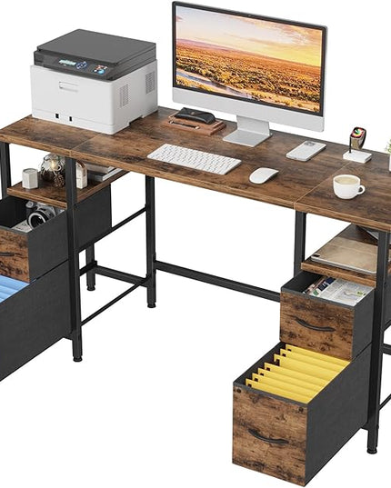 55'' Office Desk with 4 Fabric File Drawers - File Drawer Organization, Computer Work Desk, Study Writing Table, Home Office Workstation, Rustic Brown. - LeafyLoom