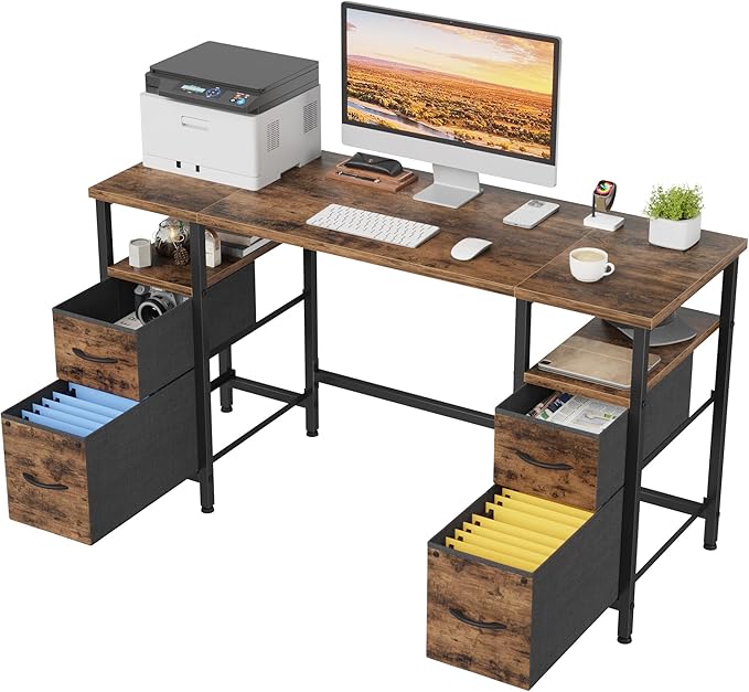 55'' Office Desk with 4 Fabric File Drawers - File Drawer Organization, Computer Work Desk, Study Writing Table, Home Office Workstation, Rustic Brown. - LeafyLoom