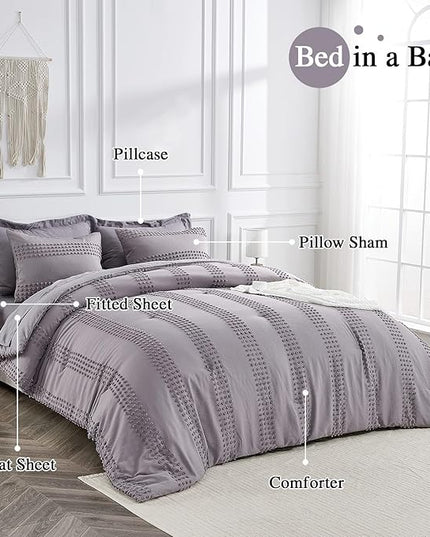 ENJOHOS Queen Comforter Set 7 Piece - Grey Comforters Queen Size, Queen Bed in a Bag Set, Boho Tufted Bedding Comforter Set with Pom Pom Design, Lightweight Soft Microfiber Comforter Bed Set - LeafyLoom
