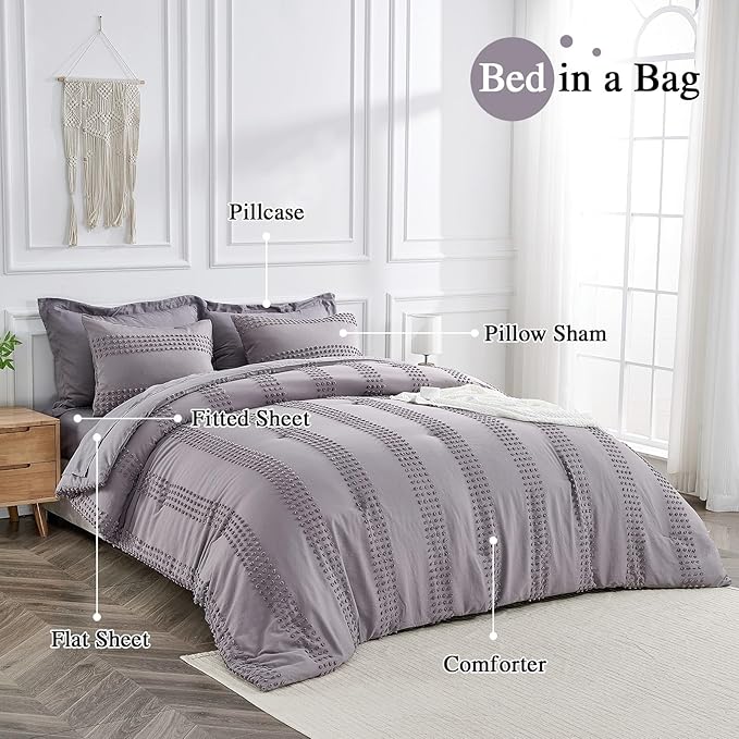 ENJOHOS Queen Comforter Set 7 Piece - Grey Comforters Queen Size, Queen Bed in a Bag Set, Boho Tufted Bedding Comforter Set with Pom Pom Design, Lightweight Soft Microfiber Comforter Bed Set - LeafyLoom