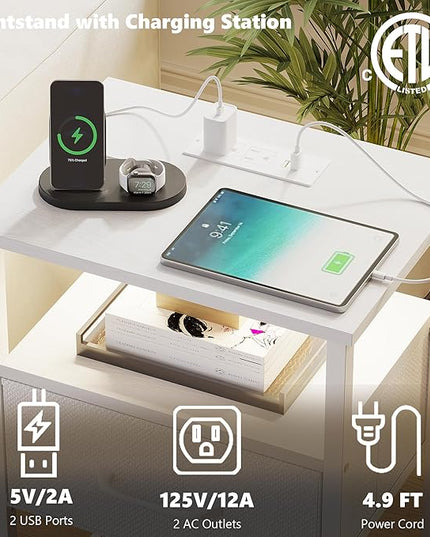 Night Stand, End Table with Charging Station, LED Bedside Table with Fabric Drawer for Bedroom, 3-Tier Side Table with Open Shelf, White - LeafyLoom