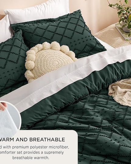 Bedsure Twin/Twin XL Comforter Set - Forest Green Boho Twin Extra Long Comforter Set for College, Shabby Chic Dorm Bedding Set, 2 Pieces Modern Farmhouse Bed Set, includes 1 Pillow Sham - LeafyLoom