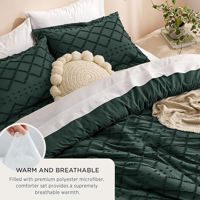 Bedsure King Size Comforter Set - Dark Emerald Green Comforter, Forest Green Boho Tufted Shabby Chic Bedding Comforter Set, 3 Pieces Vintage Farmhouse Bed Set with 2 Pillow Shams for All Seasons - LeafyLoom