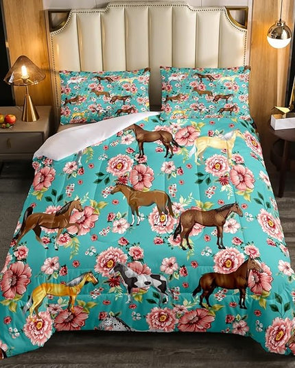 Kids Horse Bedding Set King Size Chic Retro Floral Bedding Comforter Set for Girls Teens Galloping Horse Printed Comforter 3D Wild Farm Animal Duvet Set Bedroom Decor Quilt Set 3Pcs, Green Pink - LeafyLoom