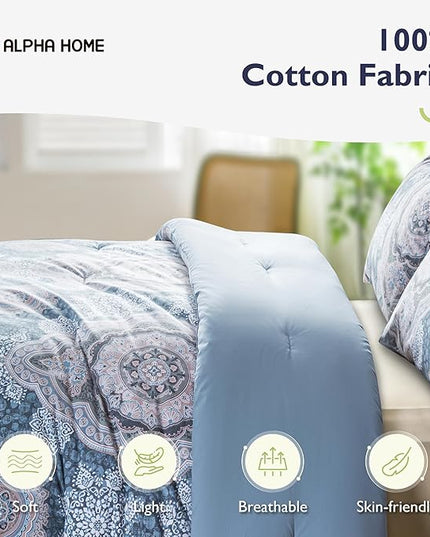 ALPHA HOME Queen Size Comforter Set, All Season Bedding Comforter Set, Comfortable Fluffy Floral Comforter Set with Cotton Fabric (1 Comforter, 2 Pillowcases) - LeafyLoom