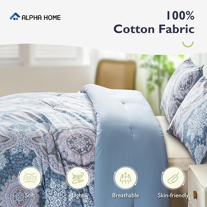 ALPHA HOME Queen Size Comforter Set, All Season Bedding Comforter Set, Comfortable Fluffy Floral Comforter Set with Cotton Fabric (1 Comforter, 2 Pillowcases) - LeafyLoom