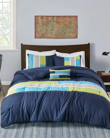 Mi Zone Cozy Comforter Set Geometric Stripes Vibrant Color Design All Season Bedding Matching Shams, Decorative Pillow, Twin/Twin XL, Pipeline Navy, 3 Piece - LeafyLoom
