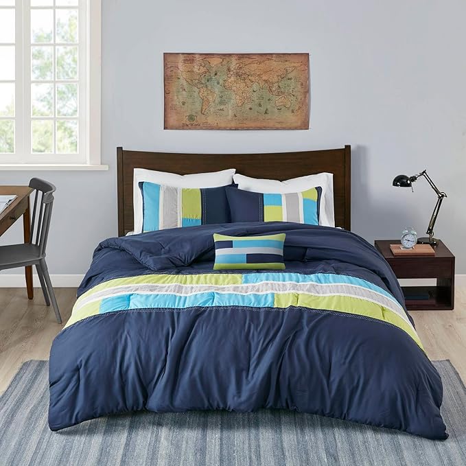 Mi Zone Cozy Comforter Set Geometric Stripes Vibrant Color Design All Season Bedding Matching Shams, Decorative Pillow, Twin/Twin XL, Pipeline Navy, 3 Piece - LeafyLoom