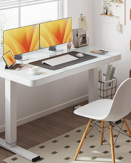 Electric Standing Desk with Drawer, 48 x 24 inches with Preassembled Top & USB Charging Ports, Height Adjustable for Home & Office, White Glass - LeafyLoom
