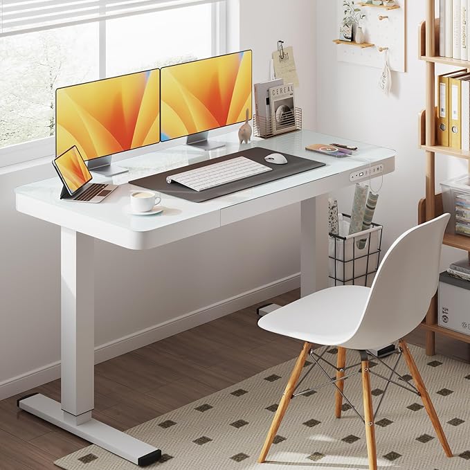 Electric Standing Desk with Drawer, 48 x 24 inches with Preassembled Top & USB Charging Ports, Height Adjustable for Home & Office, White Glass - LeafyLoom