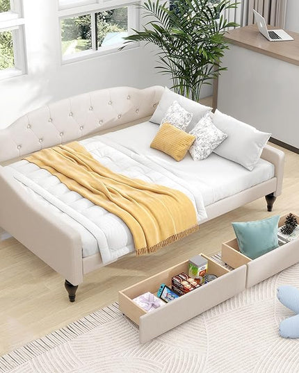 Full Size Upholstered Daybed with 2 Storage Drawers,Linen Sofa Bed W/Button Tufted Back & Nailhead Decorated Waved Shape Arms,Slat Support,Bedframe for Bedroom Livingroom Small Space,Beige - LeafyLoom