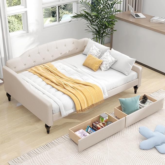 Full Size Upholstered Daybed with 2 Storage Drawers,Linen Sofa Bed W/Button Tufted Back & Nailhead Decorated Waved Shape Arms,Slat Support,Bedframe for Bedroom Livingroom Small Space,Beige - LeafyLoom