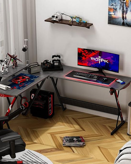 MOTPK L Shaped Gaming Desk 58 Inch, Gaming Computer Desk L Shape with Carbon Fiber Surface, Gamer Desk Gaming Table with Monitor Shelf, Cup Holder & Headphone Hook, Black - LeafyLoom