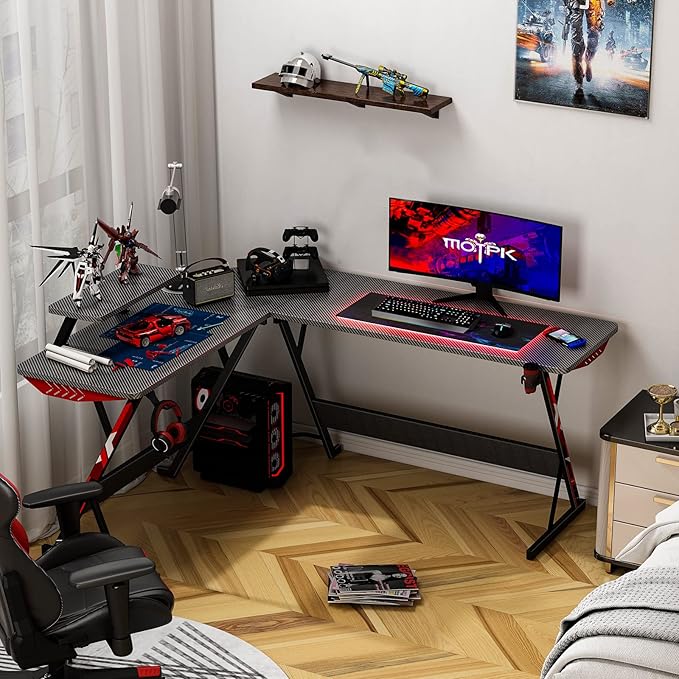 MOTPK L Shaped Gaming Desk 58 Inch, Gaming Computer Desk L Shape with Carbon Fiber Surface, Gamer Desk Gaming Table with Monitor Shelf, Cup Holder & Headphone Hook, Black - LeafyLoom