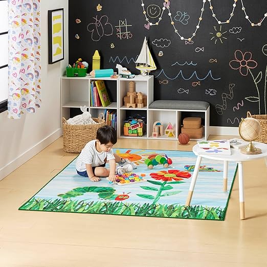 Eric Carle Home Dynamix The Very Hungry Caterpillar Elementary Sun Scene Kids Machine Washable Area Rug, Blue/Green, 35"x51" - LeafyLoom