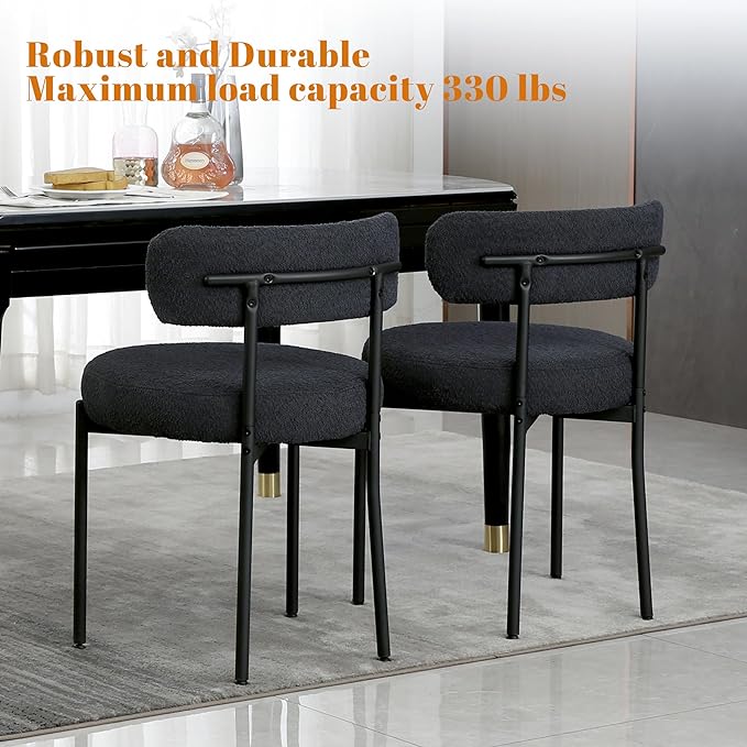 DYHOME Dining Chairs Set of 6,Black Boucle Dining Chairs Curved Backrest with Black Metal Legs,Kitchen Dining Room Chairs Upholstered Modern Sherpa Dining Chairs - LeafyLoom