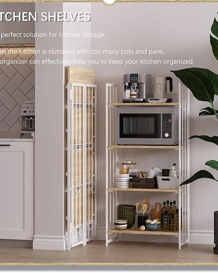 4NM No-Assembly 4 Tiers Folding Bookshelf Storage Shelves Vintage Bookcase Standing Racks Study Organizer Home Office - Natural and White - LeafyLoom