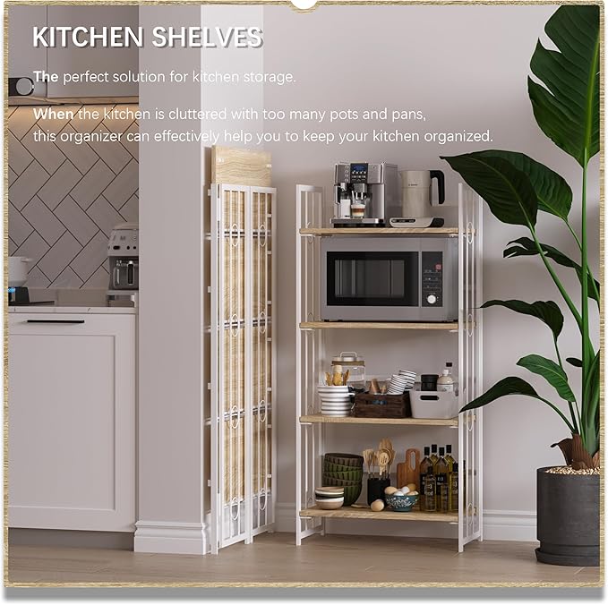 4NM No-Assembly 4 Tiers Folding Bookshelf Storage Shelves Vintage Bookcase Standing Racks Study Organizer Home Office - Natural and White - LeafyLoom