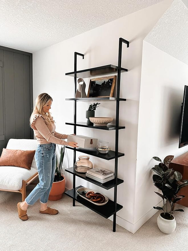 Nathan James Theo 6-Shelf Tall Bookcase, Wall Mount Bookshelf Wood Shelves and Metal Frame, Matte Black - LeafyLoom